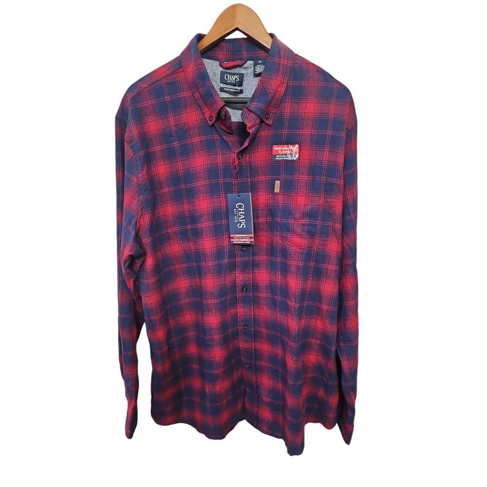Chaps Red & Blue Plaid Performance Flannel Button-Down Shirt T XXL NWT‎